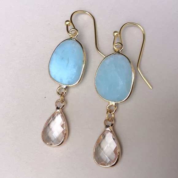 New Sundance charm blue Larimar clear quartz gold plated Earrings - Picture 2 of 7
